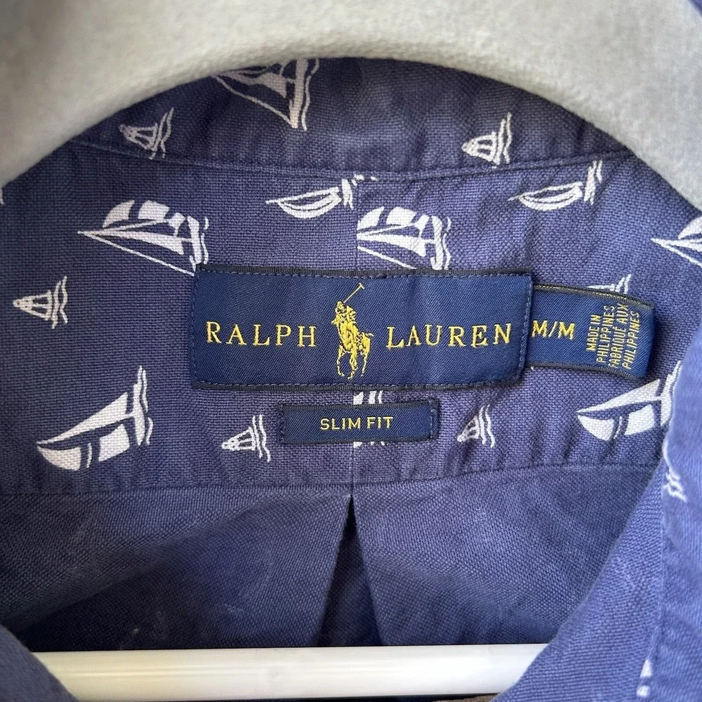 Polo Ralph Lauren Shirt Button Down Men's Medium‎ Short Sleeve Blue Sailboat